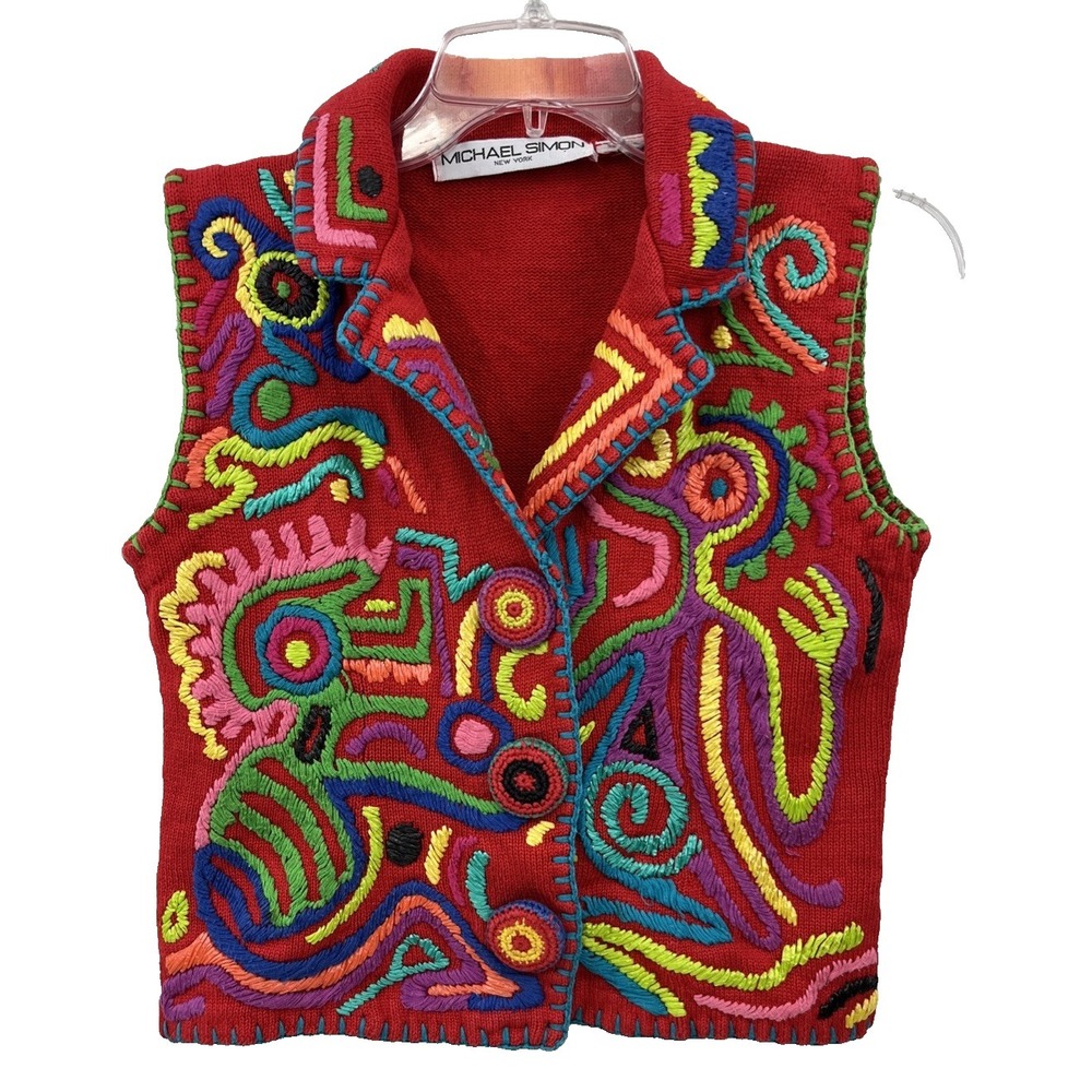 Vintage 90s Michael Simon Sweater Vest Size S Floral Embroidered Buttons